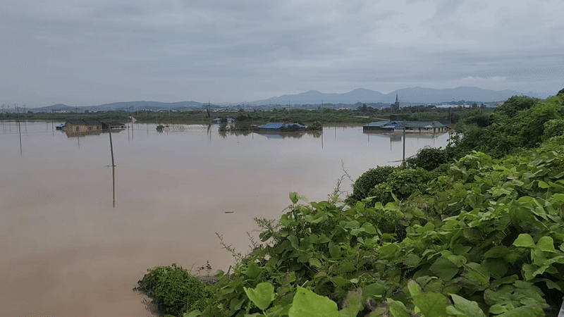 18일 충남 예산군 삽교천 인근 주택이 침수돼 있다. 강정의 기자