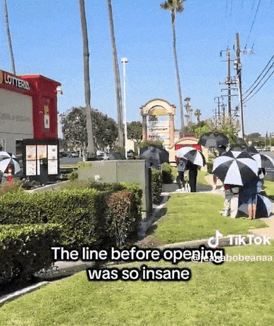 미국 캘리포니아 로스앤젤레스 플러턴에 오픈한 롯데리아 1호점을 방문하려는 손님들이 길게 줄을 서고 있다. [틱톡 갈무리]