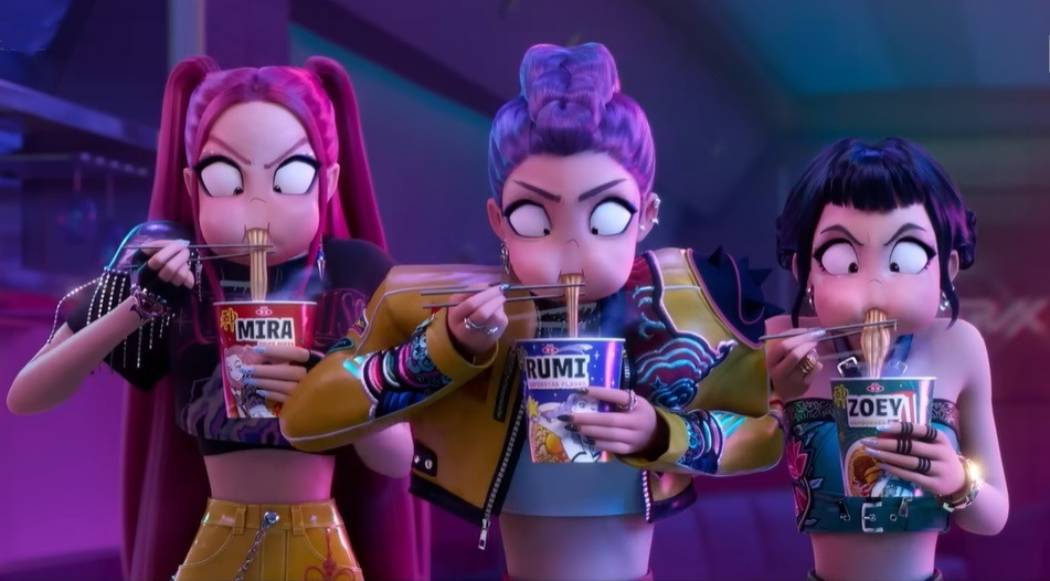 케이팝 데몬 헌터스 속 헌트릭스가 컵라면 먹는 장면