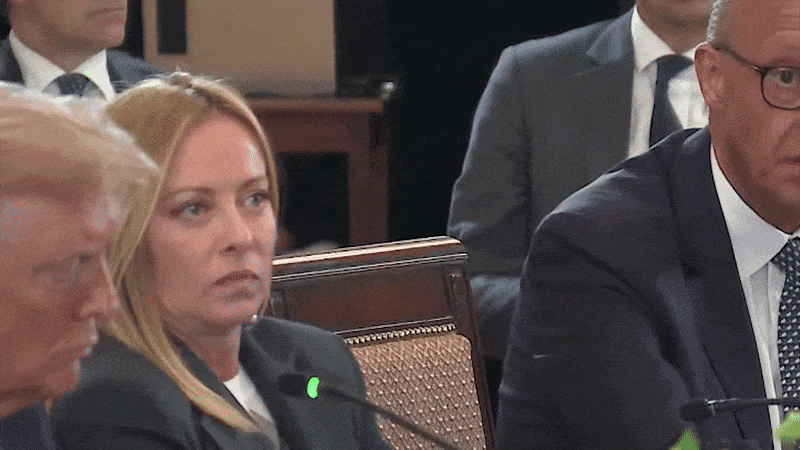 조르자 멜로니 이탈리아 총리가 18일 백악관에서 열린 회담에서 프리드리히 메르츠 독일 총리가 발언을 하고 있는 가운데 눈알을 굴리고 있다. /X(옛 트위터)