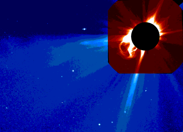 태양 폭발로 일어난 CME의 모습을 소호의 LASCO 코로나그래프가 포착했다. (출처=NASA/ESA SOHO via Helioviewer.org)