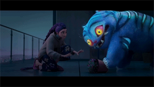 미국 애니메이션 'K팝 데몬 헌터스'에서 호랑이 더피가 악령을 퇴치하는 무당이자 아이돌그룹 헌트릭스 멤버인 루미에 편지를 전해주고 있다. 넷플릭스 영상 캡처