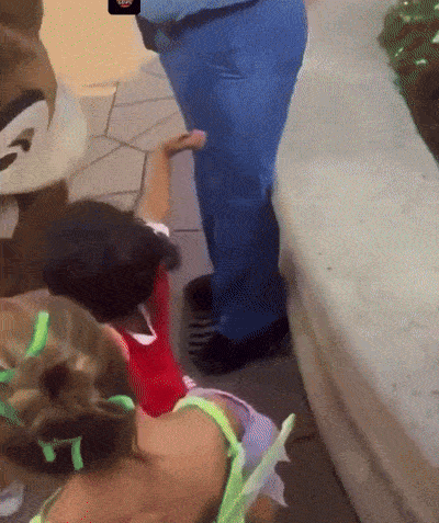 브라질 축구선수 하피냐가 6일 인스타그램에 올린 영상의 일부. 하피냐의 아들 가엘(빨간색 옷)이 디즈니랜드 파리에서 동물 인형 탈을 쓴 직원에게 포옹을 해 달라고 요청하지만, 해당 직원이 그대로 지나가며 무시하는 듯한 장면이다. 하피냐 인스타그램 캡처