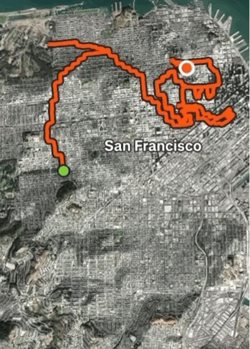 레니 모건이 샌프란시스코 일대에 달리기로 그린 뱀 그림. 레니 모건 SNS 갈무리