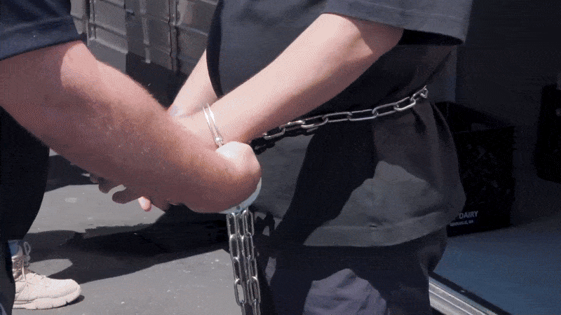 미국 이민세관단속국(ICE)이 5일(현지시간) 공개한 조지아주 현대차그룹-LG에너지솔루션 합작 배터리 공장 건설현장 불법체류 단속 현장 영상. 한국인으로 추정되는 노동자들이 쇠사슬로 손발이 묶인 채 수송차에 줄줄이 타고 있다. 이민세관단속국 홈페이지 갈무리