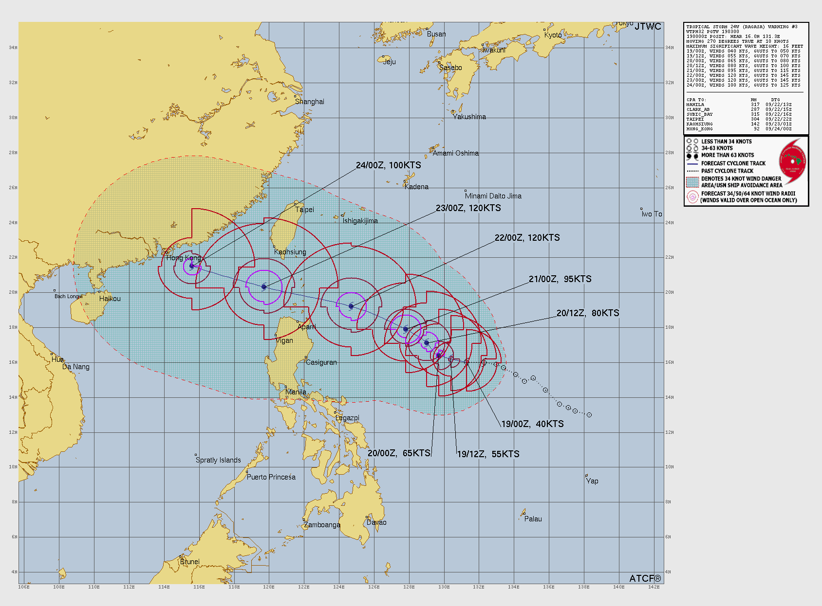 미국 합동태풍경보센터(JTWC, Joint Typhoon Warning Center) 18호 태풍 라가사 예상경로