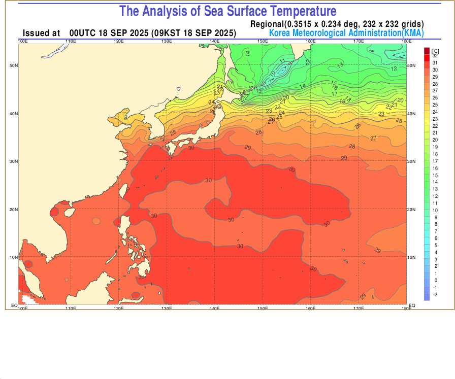 9월 18일 기준 동아시아 해수면 온도. 기상청