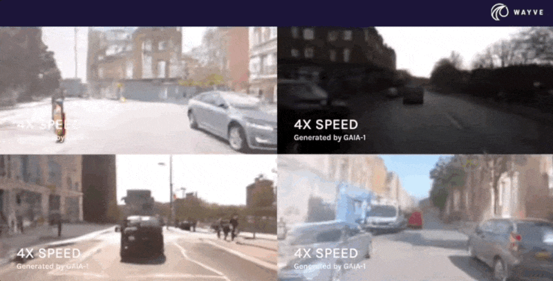 웨이브의 가이아 월드 모델. 해당 영상은 모두 인공지능(AI)이 만든 가상 주행 환경으로, 대량의 실제 주행 데이터를 수집하지 않고도 풍부한 운전 시나리오를 만들 수 있었다. 웨이브