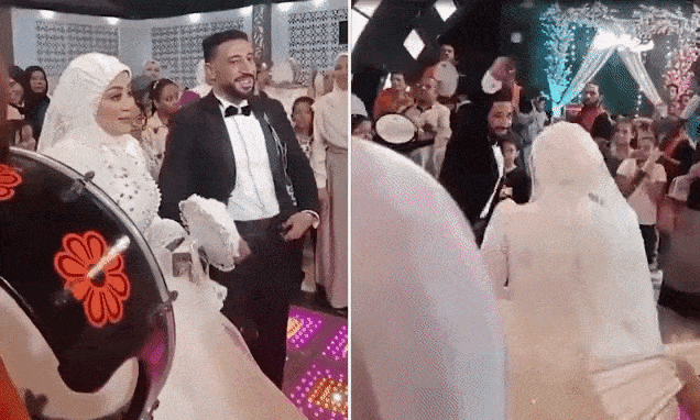 신랑과 신부가 전통 음악에 맞춰 환하게 웃으며 춤추는 장면. 이 행복한 순간은 곧 돌연한 비극으로 이어졌다. SNS 확산 영상 캡처
