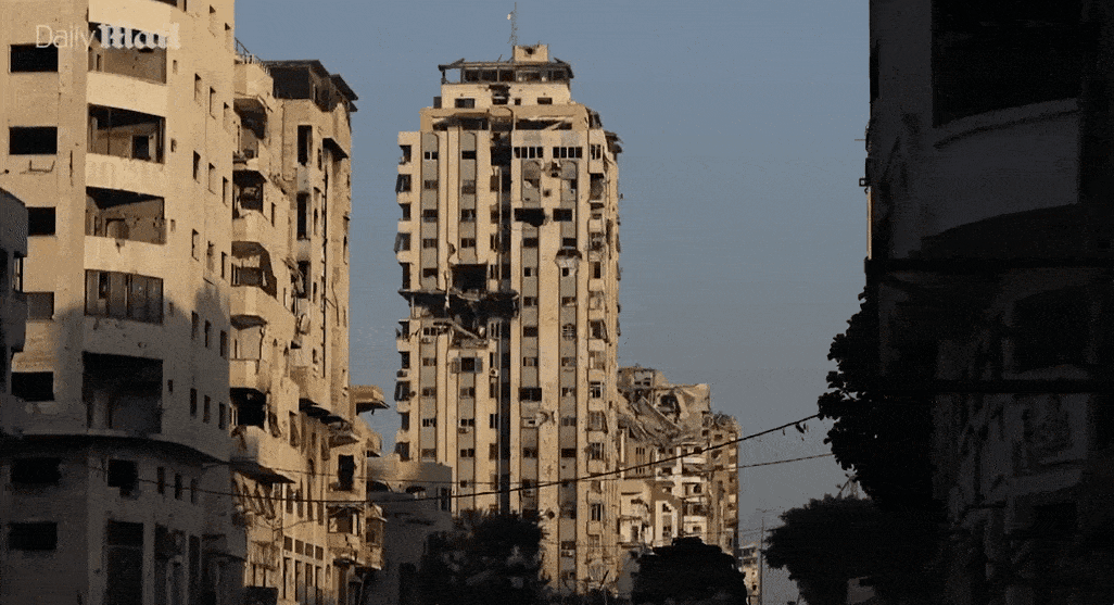 28일(현지시간) 이스라엘군이 팔레스타인 가자시티 내 고층 건물인 마카 타워를 공습했다.