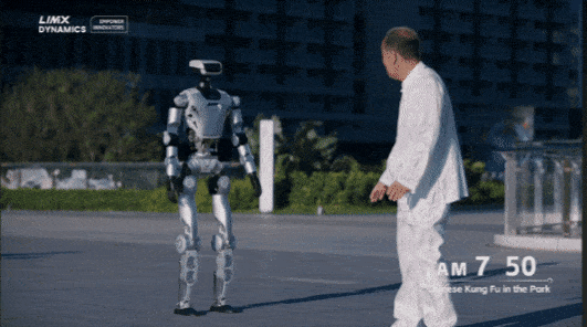 중국 림엑스 다이내믹스(Limx Dynamics)의 휴머노이드 로봇 ‘오리(Oli)’가 인간과 쿵푸 대련을 하는 모습. [림엑스 다이내믹스 유튜브]