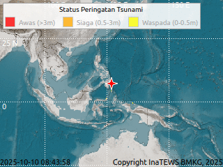 10월 10일(목) 필리핀 해역에서 발생한 규모 7.4의 강진으로 인해 인도네시아 일부 지역에 쓰나미 경보가 발령됐다. 인도네시아 기상기후지질청(BMKG)은 최대 파고가 0.5미터 미만일 것으로 분석했다. 인도네시아 기상기후지질청(BMKG) 제공.
