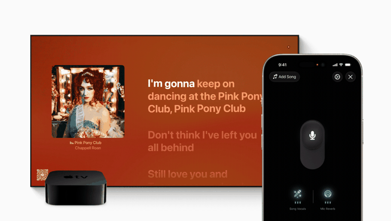 애플TV와 연동된 아이폰이 마이크 역할을 하며 싱(Sing)이 구동되는 모습. 애플 제공