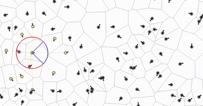 보로노이 다이어그램을 설명하기 위한 이미지. 초록색으로 표시된 점이 포함된 영역의 모든 점들은 초록색 점과 가장 거리가 가깝다. 이 원리를 활용하면 초록색 점 영역에 근접해있는 노란점들의 움직임만 파악하면 다른 점들과의 충돌을 피할 수 있다. 스페이스맵 제공