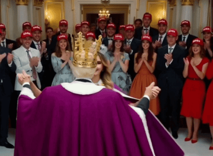 도널드 트럼프 미국 대통령이 '신라 금관'을 착용하고 부인 멜라니아 여사와 춤을 추고 있는 모습을 표현한 AI영상./사진=온라인 커뮤니티 화면캡처.