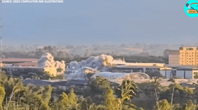 미얀마와 태국 국경의 카렌주(州) 미야와디 인근에 있는 악명높은 KK파크의 건물이 폭파되는 모습