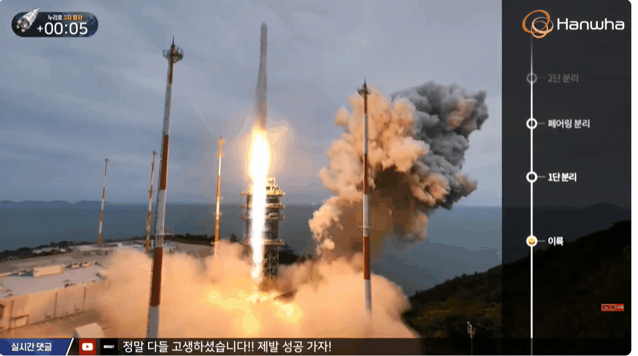 2023년 5월 누리호 3차 발사 장면. 한국항공우주연구원 유튜브 채널 갈무리