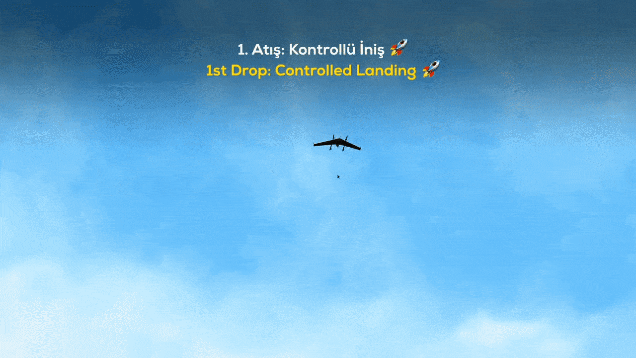 튀르키예 바이카르의 수직이착륙 무인기 ‘카르칸 VTOL’이 비행 중 소형 FPV 자폭드론을 투하하는 장면. 장시간 체공형 모선이 단거리 공격 드론을 공중에서 분리·발사하는 새로운 전술 개념을 보여준다. 출처=바이카르 엑스