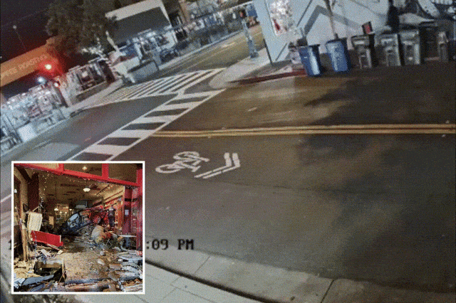 지난달 27일(현지시간) 미국 캘리포니아주 산호세 교외에서 90세 운전자가 몰던 차량이 최고 속도로 주행하다가 카페를 들이받고 있는 모습. [WABC TV 캡처]