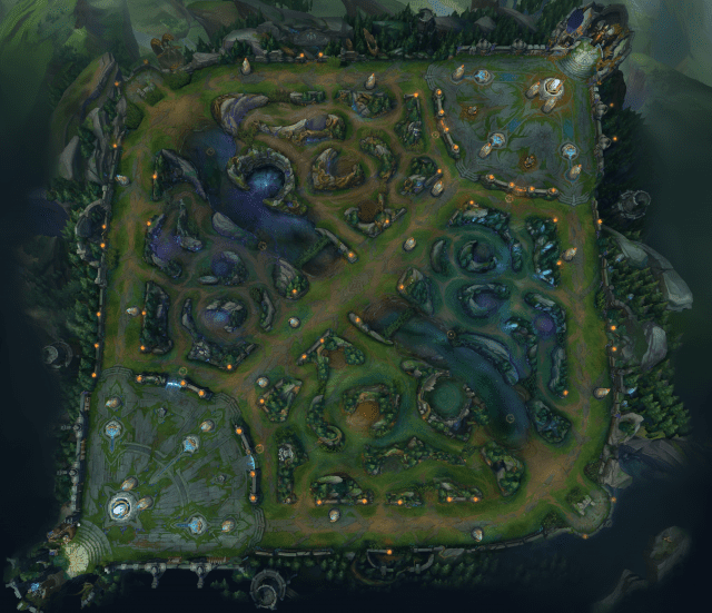 Modern 2026-era Summoner's Rift viewed from high above