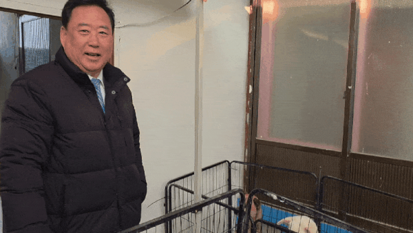 어기구 국회의원이 최근 충남 당진의 한 사설 보호소에서 진행된 국경없는수의사회의 수의료 봉사 현장을 찾아 보호견들을 살펴보고 있다(국경없는수의사회 제공). ⓒ 뉴스1