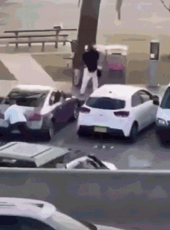 14일(현지시간) 총격 사건이 발생한 시드니 본다이 비치 인근 주차장에서 흰 셔츠를 입은 한 남성이 소총을 들고 서 있던 검은 셔츠 차림의 남성을 제압하고 총기를 빼앗는 모습이 담긴 영상이 소셜미디어에 확산했다. 소셜미디어 갈무리