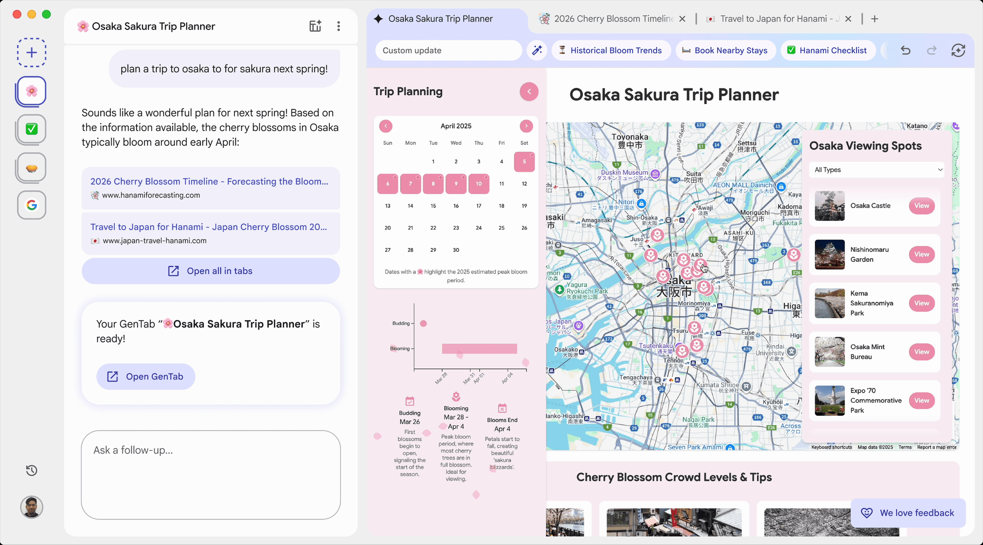 구글 '디스코'에서 일본 벚꽃 여행 일정표를 짜는 모습. 구글 랩스