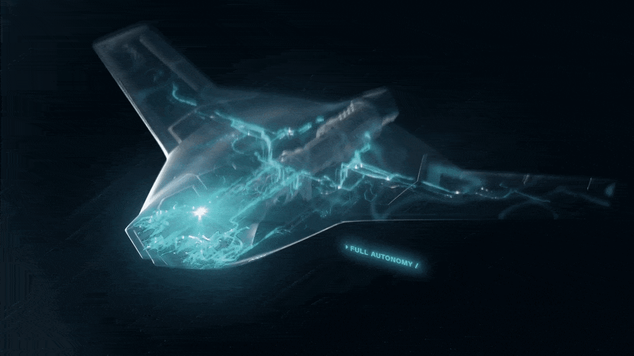 엑스밧 내부에서 인공지능(AI) 자율비행 시스템 ‘하이브마인드’가 구동되는 과정을 시각화한 장면. 기체 전체에 연결된 신경망 형태의 데이터 흐름이 완전 자율 운용(Full Autonomy) 구조를 상징한다. 영상=실드AI