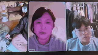 귀요미의 입양 확정을 위해 진행된 에드워드 공 씨 가족과의 영상 인터뷰 장면. 30kg급 대형견이 활동하기에 충분한 주거 환경을 갖추고 있음을 확인할 수 있다. 이성훈 기자