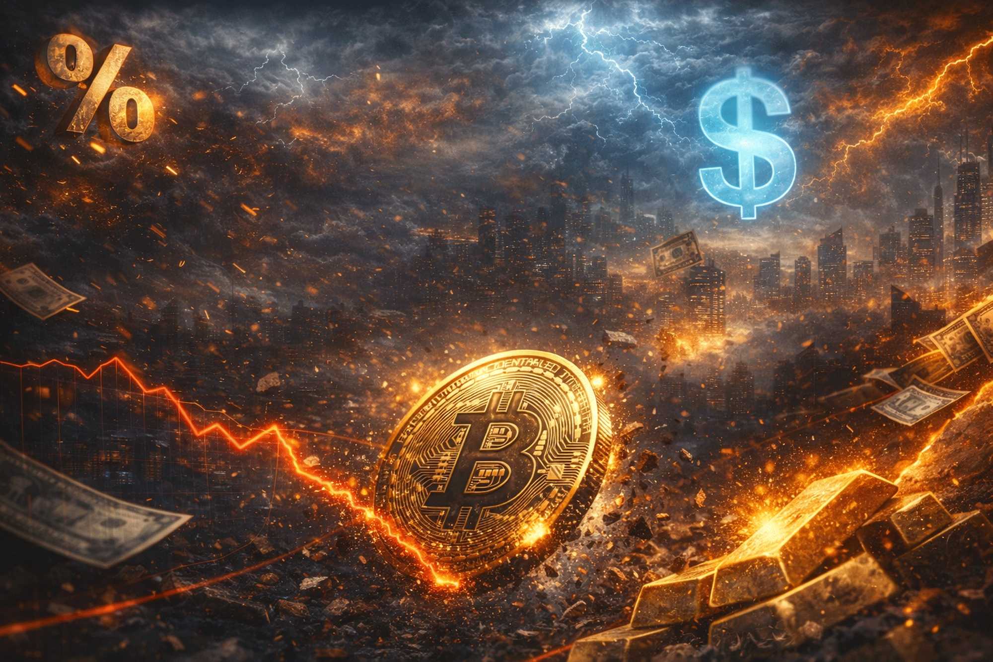 비트코인·달러·금의 상징적 요소를 배치한 그래픽 이미지. 연준 의장 인선 이후 글로벌 유동성과 위험자산 프레임 변화가 가상자산 시장에 미치는 영향을 시각화했다. 챗GPT 생성 이미지