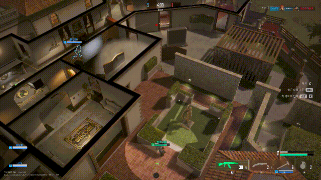 블라인드스팟 팀 데스매치. 아군의 시야로 확인된 적군을 관통샷으로 잡아내는 장면.