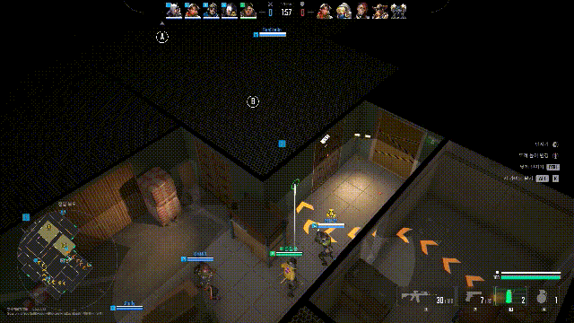 블라인드스팟 일반전(폭파전). 아군이 뚫은 공간에 '블루존 수류탄'을 투척하는 장면.