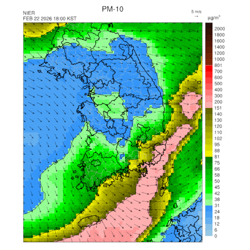 22일 오후 6시부터 23일까지 미세먼지 농도 예상 분포. [국립환경과학원 제공. 재판매 및 DB 금지]