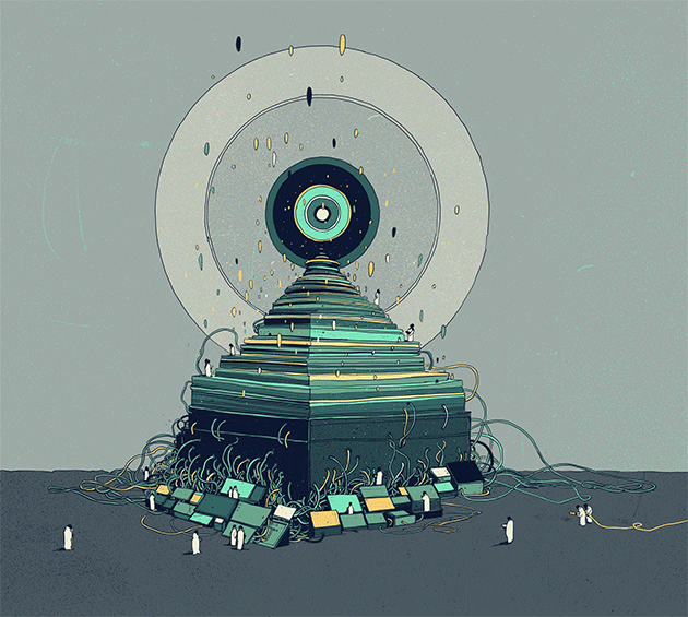 딥러닝(Deep Learning)의 내부 구조를 시각적으로 비유한 일러스트. 그림을 자세히 보면 아래쪽엔 층층이 쌓인 구조가 있고 위로 빛의 원과 중심의 눈(eye-like core)이 떠 있다. 이건 곧 신경망(neural network)의 층(layer)과 그 위에서 형성되는 특징(feature) 추출의 심층 구조를 상징한다. /네이처