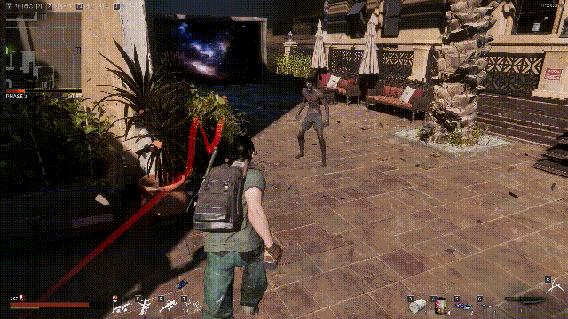 다음 단계로 넘어가는 장면. 서양식 휴양지 컨셉의 2단계 맵에서 한국적 미학이 돋보이는 3단계 사찰 맵으로 전환되는 모습이다.