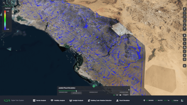 네이버가 공들였던 중동 시장 진출 사업이 지정학적 리스크를 맞이했다. 그래픽은 사우디아라비아 디지털 트윈 플랫폼 사용화면 중 홍수 시뮬레이션. /그래픽=네이버랩스