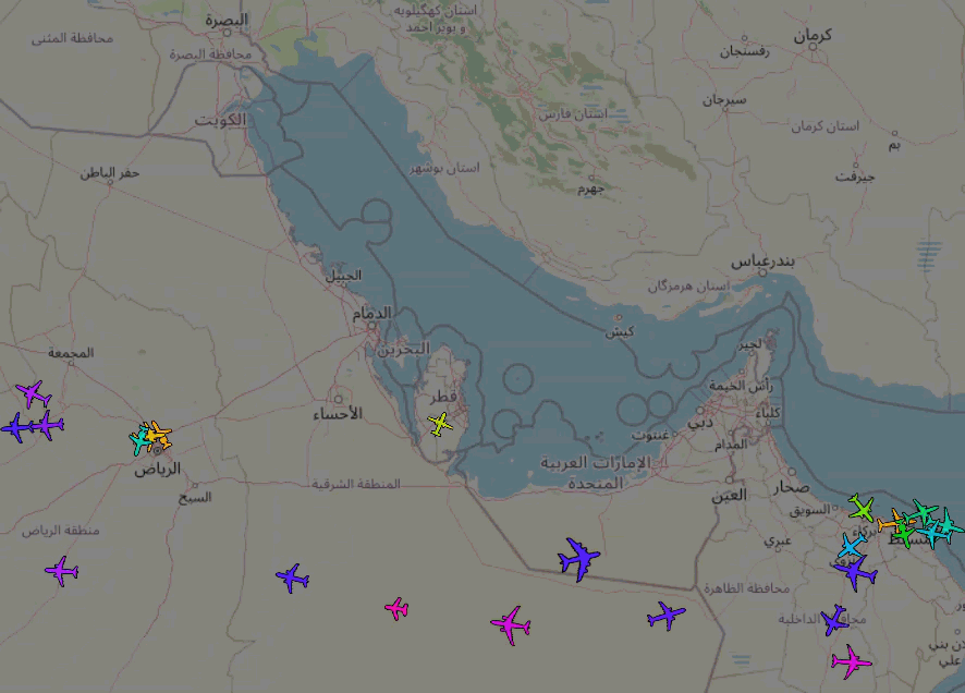 4일(현지시각) 사우디아라비아 리야드 공항과 오만 무스카트 공항에만 일부 여객기가 이착륙하고 있다. 미국과 이스라엘의 이란 공습 이후 중동 지역 국가들이 영공을 폐쇄했다. /ADS-B Exchange 캡처