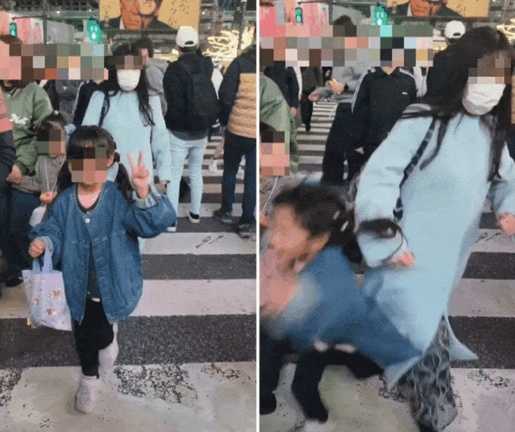 일본 도쿄의 대표적 관광지인 시부야 교차로에서 한 성인 여성이 사진 촬영 중인 어린이를 몸으로 강하게 밀어 넘어뜨리는 영상이 온라인에 공유돼 논란이 커지고 있다. SNS 갈무리