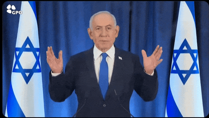 13일(현지시간) 공개된 베냐민 네타냐후 이스라엘 총리의 영상 연설. 느린 배속 화면으로 볼 때 순간적으로 손가락이 6개인 것처럼 보인다. [영상=네타냐후 X]