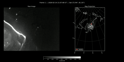 [사진=뉴시스] 차중 3호 로키츠에서 본 오로라 고리 모습. 지난달 14일 지자기 폭풍 당시 확보한 영상으로 사진 오른쪽 밝은 부분이 오로라. (사진=우주청 제공) 2026.03.17. photo@newsis.com *재판매 및 DB 금지