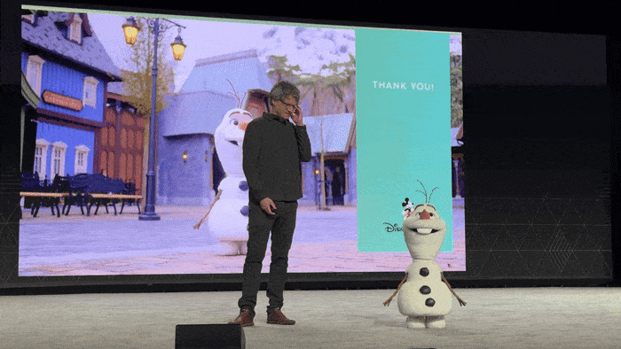 모리츠 베처 디즈니 리서치 이매니지어링 취리히 연구소 디렉터가 17일(현지시간) GTC 2026 세션에서 올라프 로봇을 소개하고 있다. [사진 = 정호준 기자]