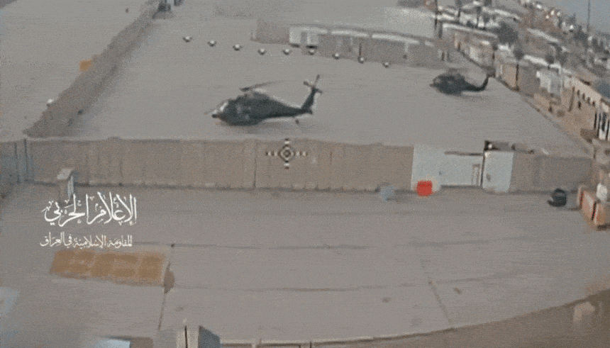 미군 기지에 있던 블랙호크 헬리콥터가 친이란 민병대 드론 공격을 받는 모습