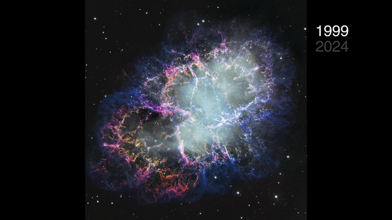 허블우주망원경이 1999년, 2024년 관측한 게 성운의 모습 비교 자료. NASA, ESA, STScI, W. 블레어(JHU), J. 드 파스콸레(STScI)