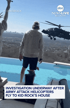 지난달 28일 테네시주(州) 내슈빌에 있는 키드 록의 자택으로 군용 헬기가 가깝게 비행하는 모습의 영상이 공개돼 논란이 됐다. 키드 록 엑스 캡처