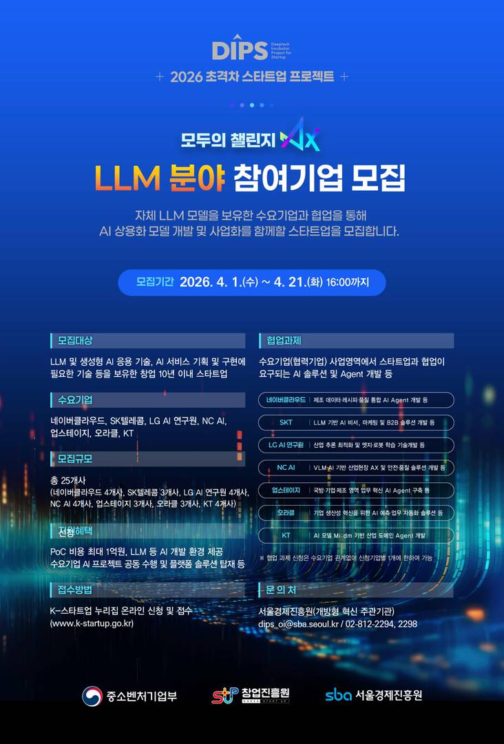SBA, 초격차 스타트업 프로젝트 ‘모두의 챌린지 AX – LLM 분야’ 참여기업 모집