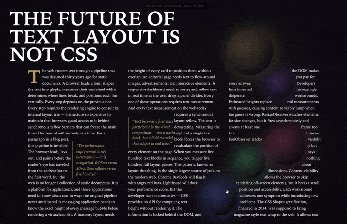 청 러우(Cheng Lou)가 지난달 27일 엑스(X)와 깃허브를 통해 공개한 첫 프리텍스트 구현 화면. [출처 = X 캡처]