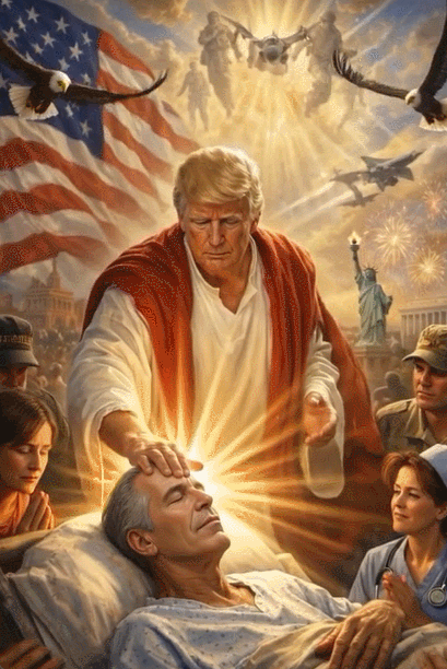 도널드 트럼프 미국 대통령을 예수로 표현한 ‘패러디물’이 소셜네트워크서비스(SNS)에 게시됐다. 트럼프 대통령의 위로 전투기가 날아오는 모습. 엑스(X·옛 트위터) 갈무리