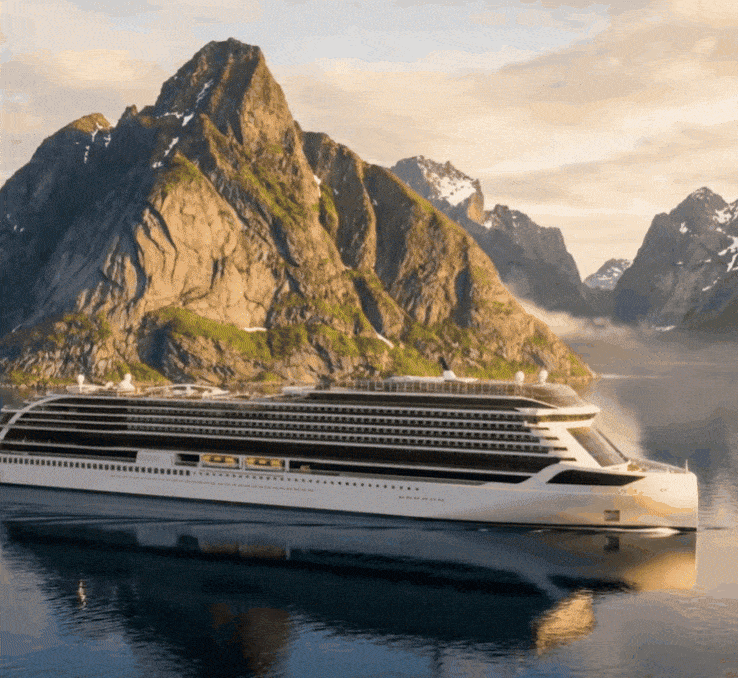 독일 조선 기업 마이어 베르프트가 건조할 전기 추진 크루즈선의 컴퓨터 그래픽 형태 상상도. 고급 휴양 시설과 객실이 갖춰지고, 선내에는 배터리가 다수 실릴 예정이다. 마이어 베르프트 제공