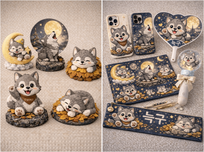 한 네티즌이 대전 오월드에서 늑구 굿즈를 판매해 줄 것을 희망하며 자체 제작한 늑구 캐릭터로 만든 굿즈를 이미지로 올렸다. /사진=온라인 커뮤니티 캡처