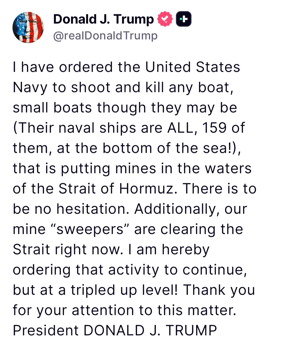 트럼프 호르무즈해협 사격 명령